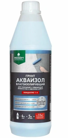 Грунт "PROSEPT" Акваизол влагоиз. с биоцид. доб. для помещ. с повыш. влаж. и нар. работ, конц.1:4 1л
