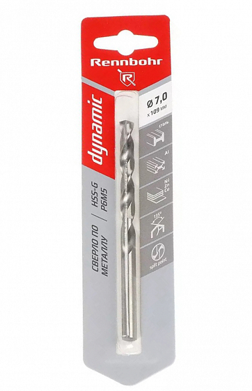 Сверло по металлу ЦХ, 7,0х109мм, HSS-G, P6M5, 1шт/уп RENNBOHR DYNAMIC CARD