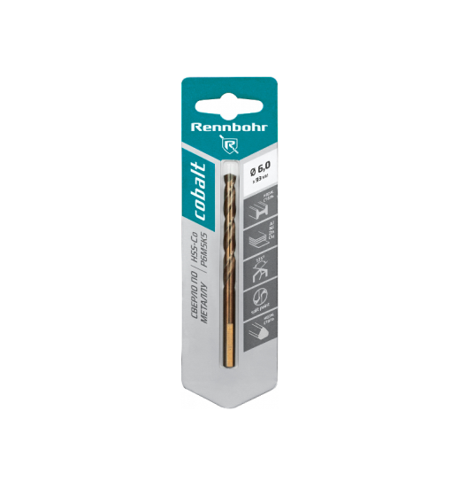 Сверло по металлу ЦХ  6,0х93мм, 3-гр хвост. HSS-Co Р6М5К5 1шт/уп "RENNBOHR COBALT CARD" 668060