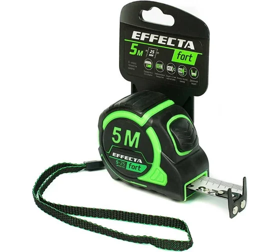 Рулетка Effecta Fort  5м/25мм с магнитом, автостопом, лента-2стор шкала - нейлон 581525 (6 шт/кор)