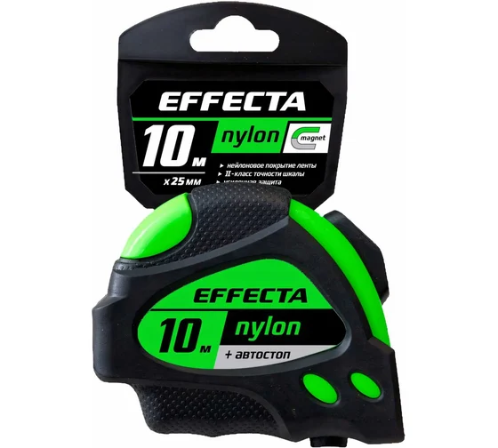 Рулетка Effecta Nylon-10м/25мм с магнитом, автостопом, лентой нейлон 581025 (6 шт/кор)