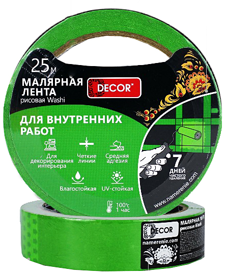 Малярная лента DECOR 38мм*25м, зелен. для внутр. работ (63шт/уп)