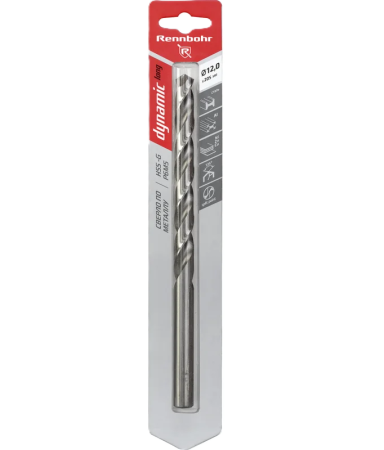 Сверло по металлу ЦХ, 12,0х205мм, HSS-G, P6M5, 1шт/уп, RENNBOHR DYNAMIC LONG CARD 669120