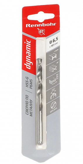 Сверло по металлу ЦХ, 6,5х101мм, HSS-G, P6M5, 1шт/уп RENNBOHR DYNAMIC CARD
