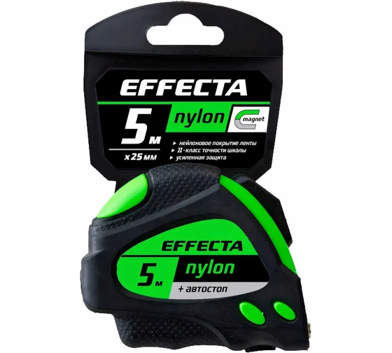 Рулетка Effecta Nylon-5м/25мм с магнитом, автостопом, лентой нейлон 580525 (12 шт/кор)