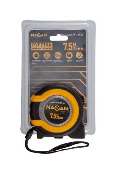 Рулетка 7,5м*25мм пластик АБС, двухкомп. корпус, магнит. зацеп, двустор. нейлон. полотно NAGAN ССС