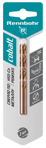 Сверло по металлу ЦХ  6,5х101мм, 3-гр хвост. HSS-Co Р6М5К5 1шт/уп "RENNBOHR COBALT CARD" 668065