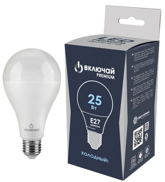 Лампа светодиодная 25W E27 A80 6500K 220V (LED PREMIUM A80-25W-E27-WW) Включай РОССИЯ