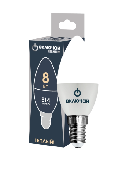 Лампа светодиодная PREMIUM свеча 8W E14 3000K 220V Включай (LED PREMIUM C37-8W-E14-N)