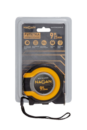 Рулетка 9м*25мм пластик АБС, двухкомп. корпус, магнит. зацеп, двустор. нейлон. полотно NAGAN ССС