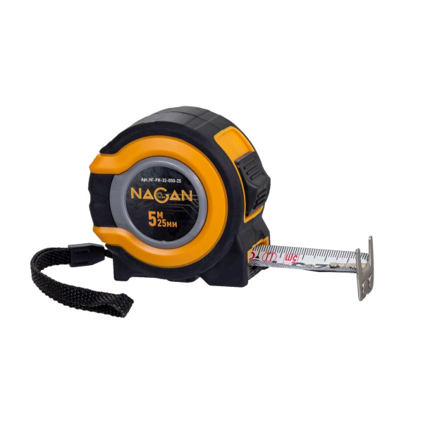 Рулетка 5м*25мм пластик АБС, двухкомп. корпус, магнит. зацеп, двустор. нейлон. полотно NAGAN ССС