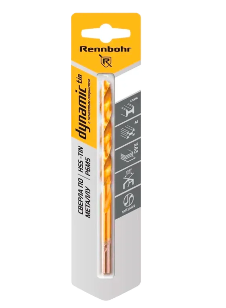 Сверло по металлу,  ЦХ, 7,0 х109мм, HSS-TIN, Р6М5, 1шт/уп, RENNBOHR DYNAMIC-TIN CARD 667070