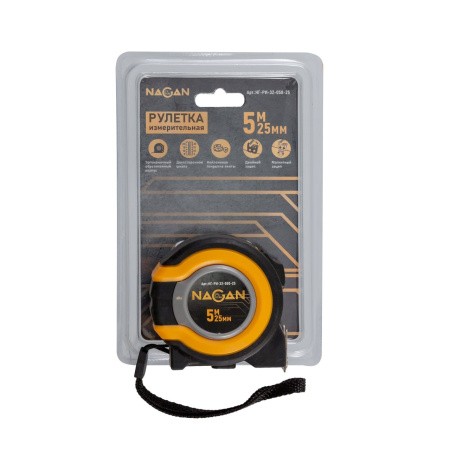 Рулетка 5м*25мм пластик АБС, двухкомп. корпус, магнит. зацеп, двустор. нейлон. полотно NAGAN ССС