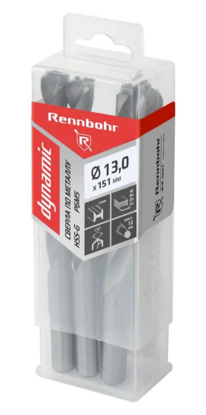 Сверло по металлу ЦХ, 13,0х151мм (хв.12,0мм), HSS-G, P6M5, 1шт/уп RENNBOHR DYNAMIC CARD