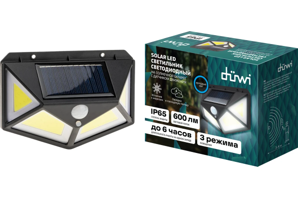 Св-к светодиодный на солнечных батареях 10Вт 6500К 600Лм IP65 с датчиком движения черный