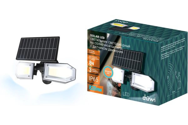 Светильник светодиод. на солнеч. батар. 3 реж. осв. 25Вт 6500К 820Лм IP65 с датчиком двид. черн.
