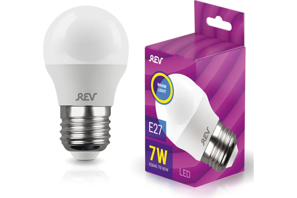 Лампа светодиодная , шар, G45, 5Вт, Е27, 2700К, 400Лм REV