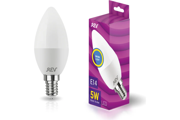 Лампа cветодиодная, свеча, С37, 5Вт, Е14, 2700К, 400Лм REV