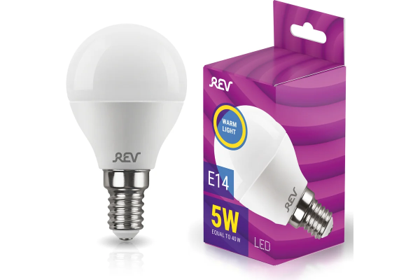 Лампа светодиодная , шар, G45, 5Вт, Е14, 2700К, 400Лм REV