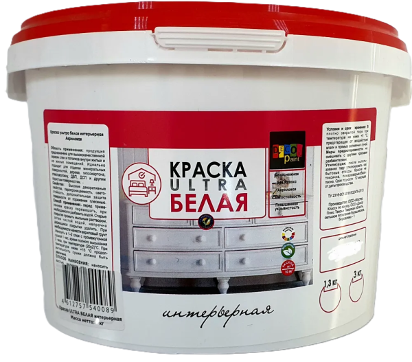 Краска ВД интерьерная  "Dekor paint" супербелая  1,3 кг