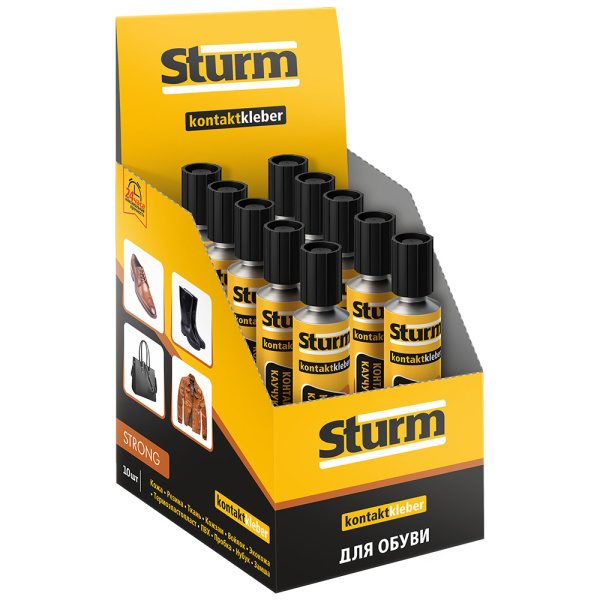 Клей контактный "STURM" ДЛЯ ОБУВИ, желтый, 30мл шоу-бокс (10шт)