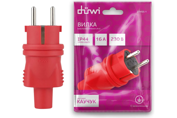 Вилка кабельная прямая 2Р+Е, IP44, 3680Вт, 16А, 230В, черная, duwi