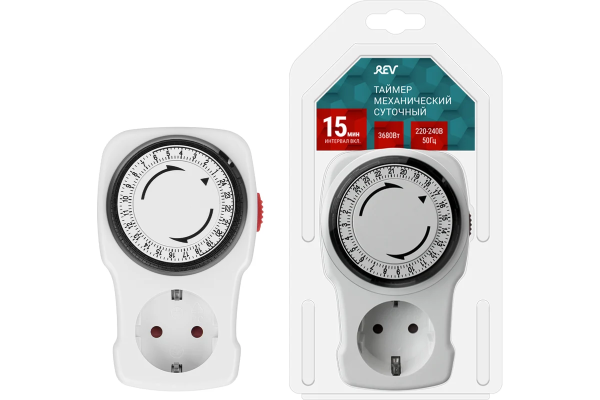 Таймер, механический, суточный 3680Вт. Инт: 15мин. 96 вкл/сутки. белый