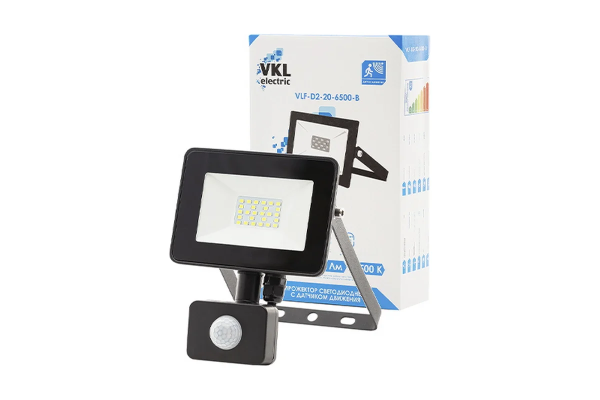 Прожектор LED с дат.движ.20W VLF-D2-20-6500-B 6500К 1300Лм 220V IP65 (руч.рег)чер.VKL electric(1/30)