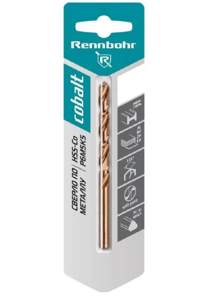 Сверло по металлу ЦХ  5,0х86мм, 3-гр хвост. HSS-Co Р6М5К5 1шт/уп "RENNBOHR COBALT CARD" 668050