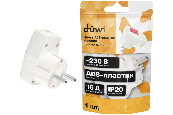 Вилка угловая с/з с выключателем белая 16А 250В, duwi