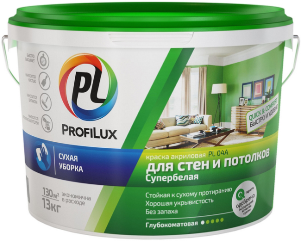 Краска В/Д  акриловая для стен и потолков супербелая "Profilux" PL-04A, 3кг