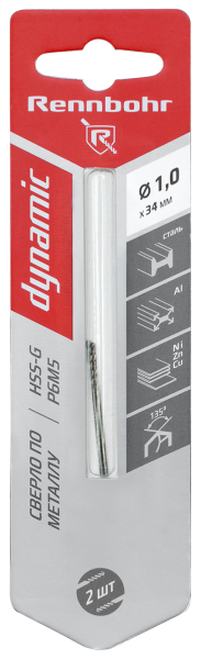 Сверло по металлу ЦХ  1,0х34мм, HSS-G, P6M5, 20шт/уп, RENNBOHR DYNAMIC PROM 666010