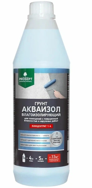 Грунт "PROSEPT" Акваизол влагоиз. с биоцид. доб. для помещ. с повыш. влаж. и нар. работ, конц.1:4 1л
