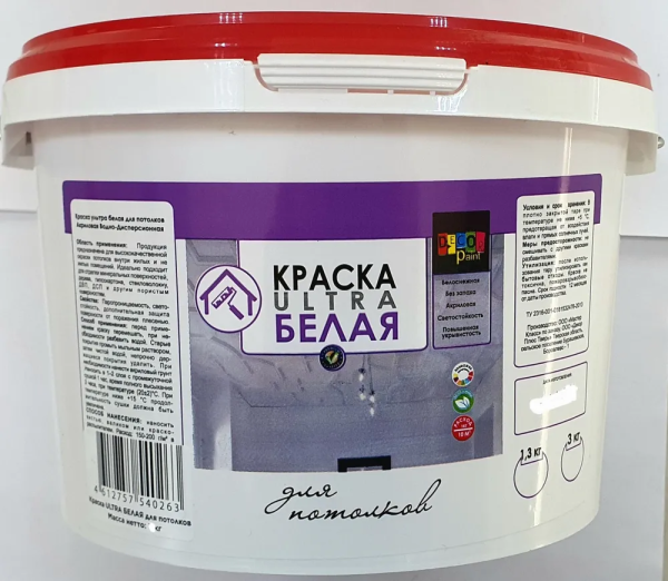 Краска ВД для потолков  "Dekor paint" супербелая  3 кг